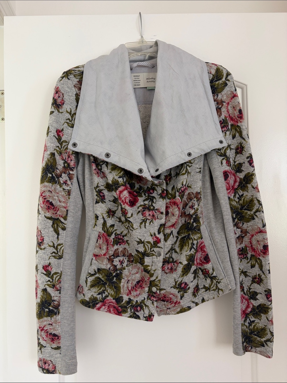 Gray Floral Open-Front Women's Jean Jacket
